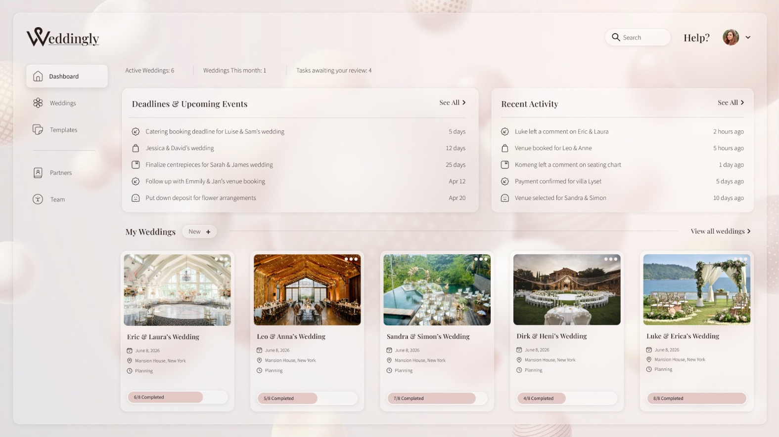 Weddingly planning workspace dashboard
