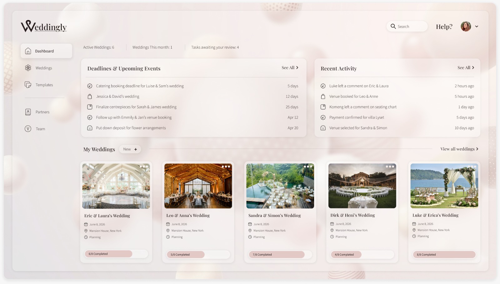 Weddingly planner dashboard